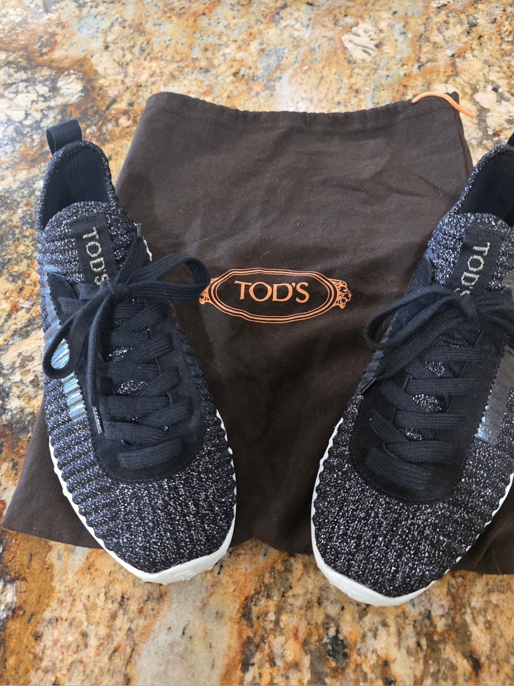 TOD’s Sportiva suede trimmed 
metallic-stretch T logo sneakers SIZE 7.5